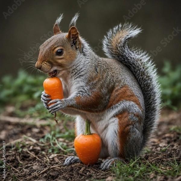 Fototapeta A squirrel holding a carrot in its paws, isolated on white.