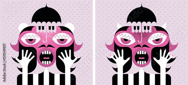 Obraz Catwoman, abstract surreal character with piano keys on head, strange facial features and hands near face. Pop art style, symmetrical geometric flat design, pink and black color palette.
