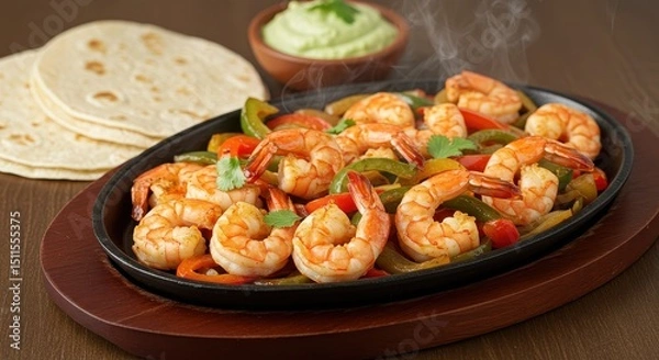 Fototapeta Mouthwatering Shrimp Fajitas with Fresh Vegetables and Avocado Sauce on a Rustic Wooden Table, Perfect for a Flavorful Meal or Event Feature