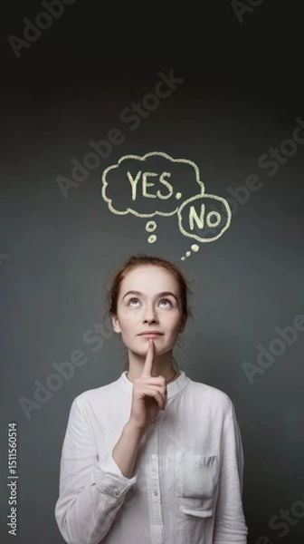Obraz Thoughtful woman with yes and no text near her face shows mental decision making, yes no, decision problem during important choice