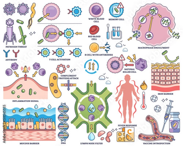 Fototapeta Immune system defense illustrated with cells, antibodies, and pathogens in an outline style collection, transparent background. Outline style collection