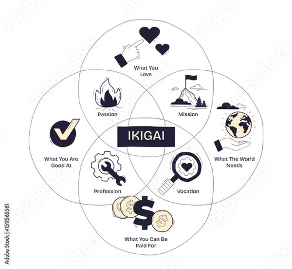 Obraz IKIGAI concept visualized with overlapping circles showing passion, mission, profession, and vocation at the center, transparent background. Doodle style diagram