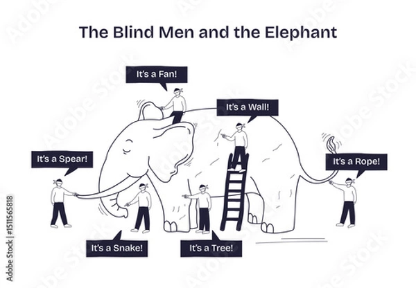 Obraz The Blind Men and the Elephant shows blindfolded men touching different parts of an elephant, each interpreting it differently, transparent background. Doodle style diagram