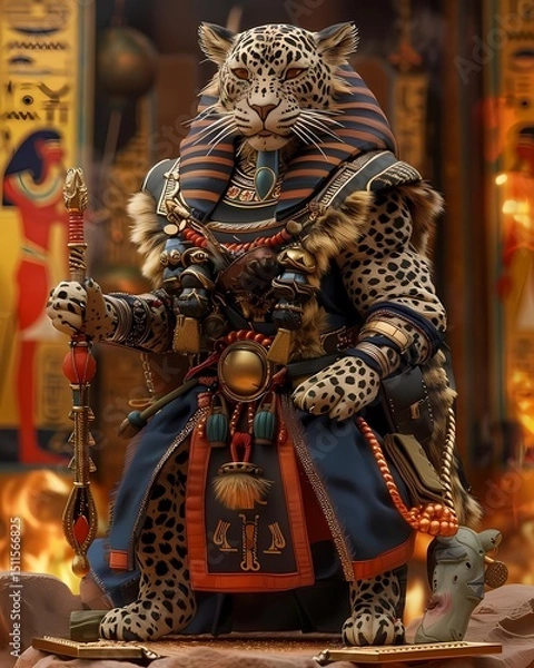 Fototapeta A majestic leopard, adorned with intricate patterns and holding a staff, stands as a guardian of ancient secrets, its piercing eyes locked onto the viewer. Anime fantasy creature illustration.