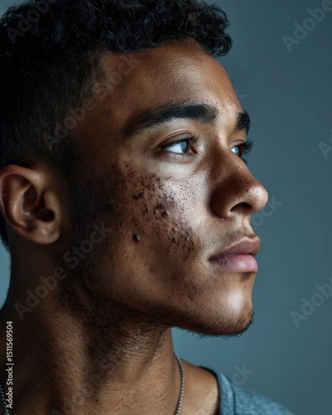 Fototapeta Closeup Profile Portrait of a Man with Glitter on his Face Against a Grey Background