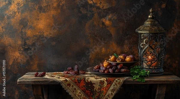 Obraz Dried fruits and lantern on rustic wooden table