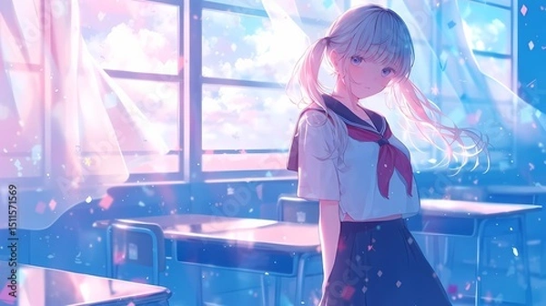 Obraz Young girl with twin tails in school uniform standing in classroom.