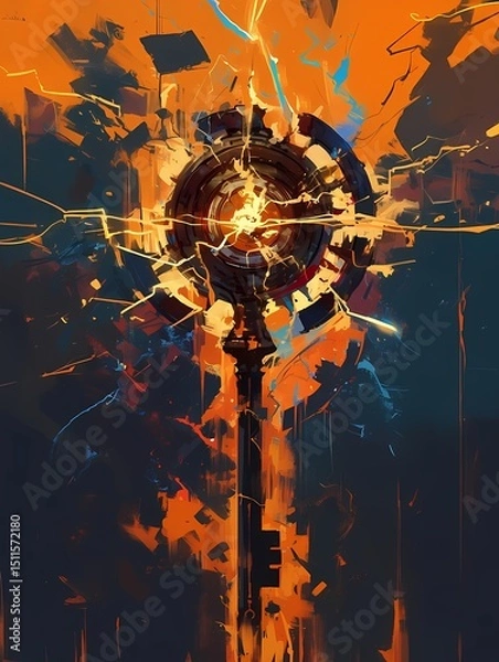 Obraz Key-shaped object radiating orange energy with electricity and charred marks