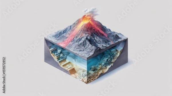 Fototapeta Isometric Cross Section of a Volcano with Ocean and Beach