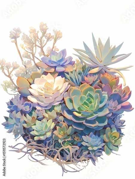 Obraz Vibrant succulent arrangement with unique shapes and colors against white background.