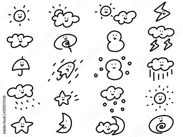 Fototapeta 手描きのかわいいキャラクター天気予報モノクロアイコンセット・太陽・雨・曇り・雪	