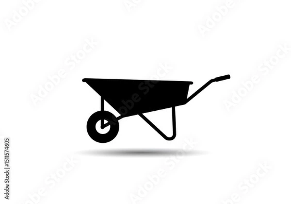 Fototapeta A black silhouette of a wheelbarrow with a single wheel on a white background with a soft shadow