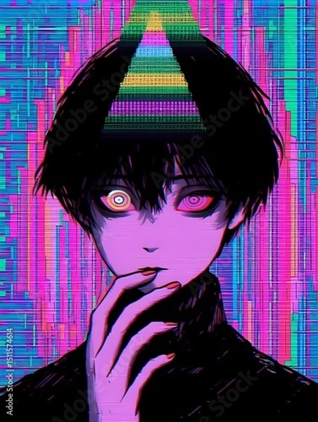 Obraz Anime portrait of an individual with heterochromia eyes and party hat against a psychedelic backdrop
