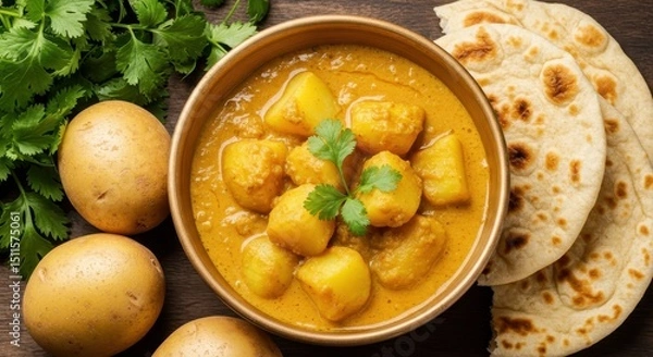 Obraz Delicious bowl of potato curry with cilantro, surrounded by raw potatoes and freshly made flatbreads, perfect for food lovers and culinary enthusiasts.
