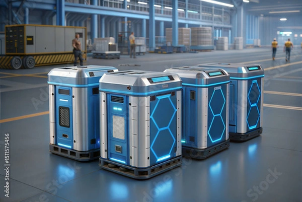Obraz Futuristic portable energy modules with glowing blue lights stand in spacious industrial warehouse, showcasing advanced technology and innovation in clean, organized environment