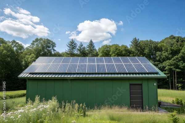 Obraz Solar panel array on green building roof surrounded by grass and trees under blue sky with clouds, showcasing sustainable energy in peaceful natural environment