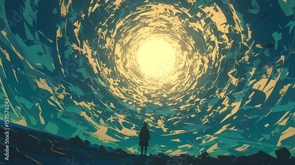 Obraz A lone figure stands at the edge of a swirling vortex, gazing into a tunnel-like formation that spirals into the distance.