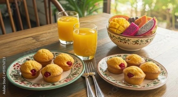 Obraz Delicious homemade fruit muffins served with colorful tropical fruits and refreshing orange juice on a rustic wooden table in bright natural light