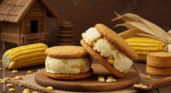 Obraz Delicious ice cream sandwich made with corn and cookies set on rustic wooden table surrounded by fresh corn and charming wooden house
