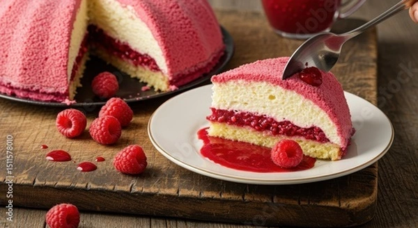 Obraz Delicious pink raspberry mousse cake with a creamy filling, served on a rustic wooden table with fresh raspberries and berry sauce