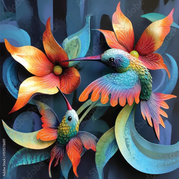 Fototapeta Multicolored Bird and Flower Illustration.