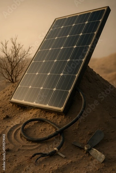 Obraz Solar Panel Breakdown in Desert with Dust, Broken Cable, and Fan Blade

