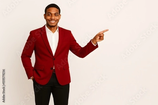 Fototapeta Confident Man in Red Blazer Giving Presentation on White Background