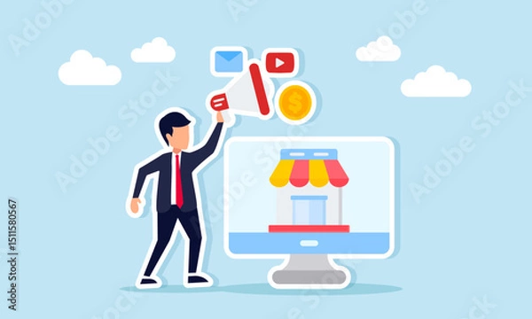 Fototapeta Businessman standing beside monitor showing store holding megaphone with play mail and dollar coin icons illustration of digital advertising for business optimization