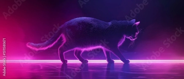 Fototapeta Cat is walking on a neon background. The cat is black and purple. The neon background gives the image a futuristic and otherworldly feel AI generated