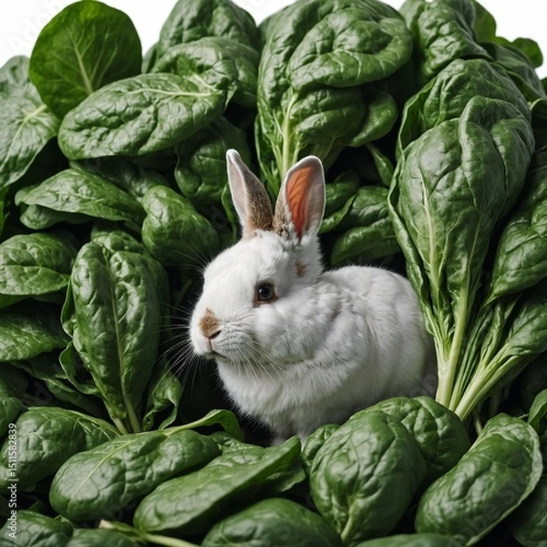 Fototapeta A rabbit hiding behind a stack of fresh spinach leaves, white background.