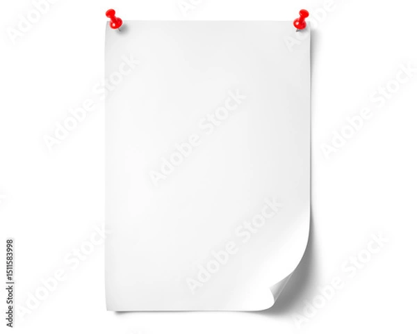 Obraz 赤い画鋲で留められた、A4サイズの白い紙のテクスチャー