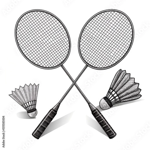 Obraz Badminton Rackets With Shuttlecock Vector Black Silhouette High Detail Engraved Design Isolated On A Plain White Background