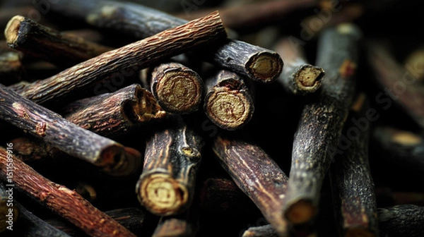 Fototapeta Closeup of Licorice Root Sticks. Botanical Ingredients. Wallpaper Background Texture.