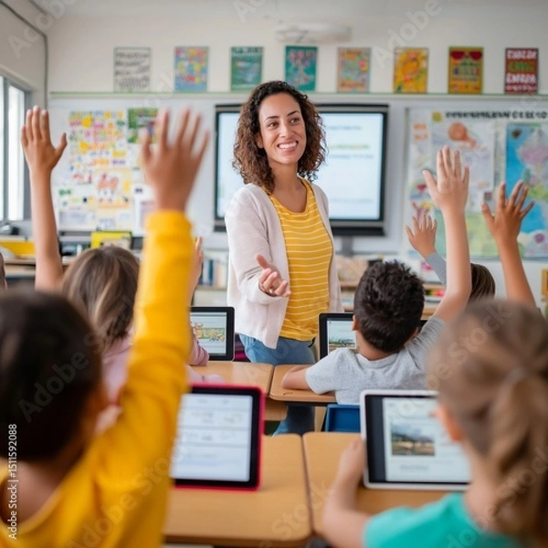Fototapeta In a bright classroom, a young female teacher encourages student participation by asking questions as children eagerly raise their hands, holding tablets during the lesson