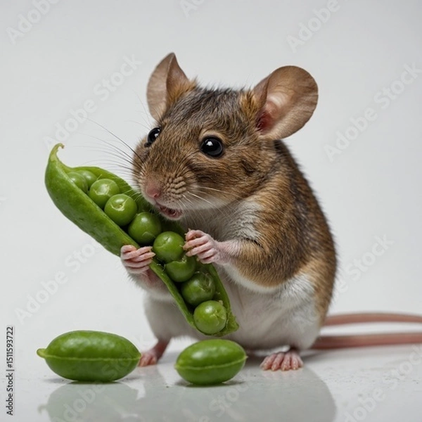 Fototapeta A mouse nibbling on a pea pod, clear white background.
