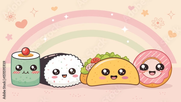 Fototapeta Kawaii style food characters including sushi, tacos, and donuts with expressive faces and cute emotions on a soft pastel background.
