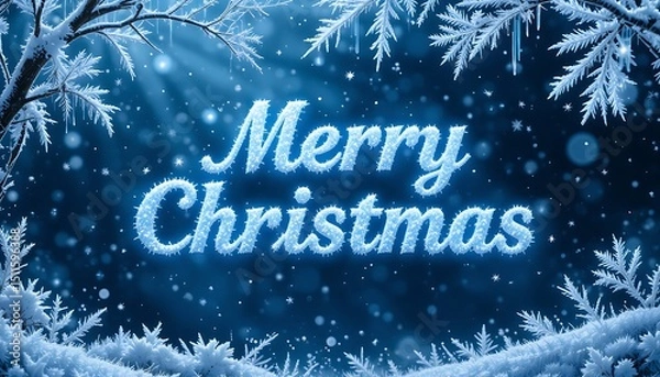Fototapeta A frosty, winter wonderland Christmas tree with icy branches and blue-white glow, the text "Merry Christmas" in a crisp, frosted , on a shimmering snowflake background.