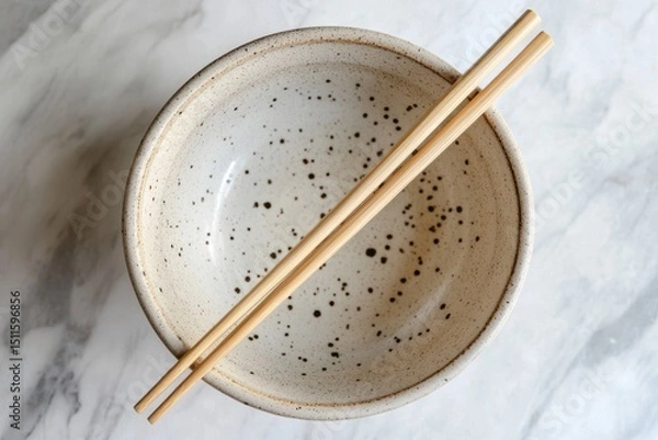 Fototapeta A bowl with chopsticks in it. The bowl is white and has a brown rim. A pair of bamboo chopsticks placed across a speckled ceramic bowl.