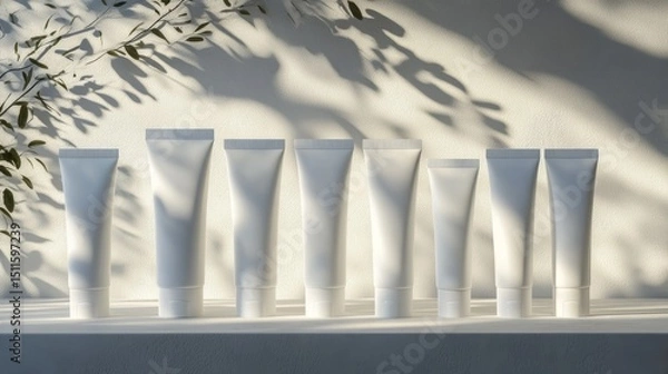 Obraz White skincare tube mockup set against matte gray surface with soft lighting, blank and ready for custom branding.