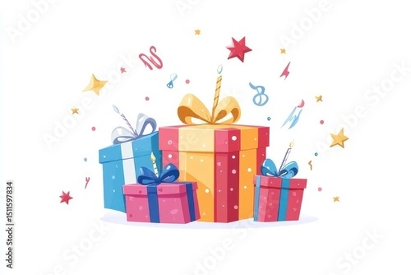 Fototapeta Birthday present with ribbon isolated on white background. A stack of colorful boxes with a bow on top, with a star and a candle on top of the middle box.