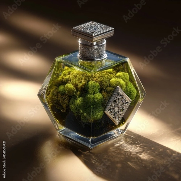 Fototapeta Art deco mercury liquid interacting with preserved moss under studio lighting, perfect for luxury cosmetic packaging, tech branding, and scientific editorial visuals.