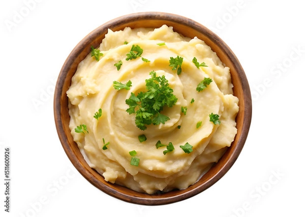Obraz A top down view of a wooden bowl filled with mashed potatoes garnished with fresh green parsley leaves