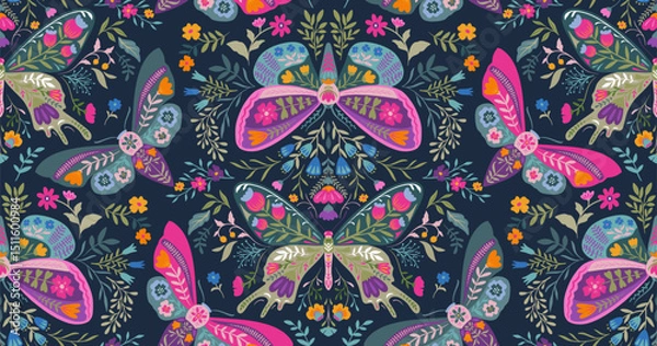 Fototapeta Vector seamless pattern with ornate insects, beetles, butterflies. Folk art floral natural endless background.