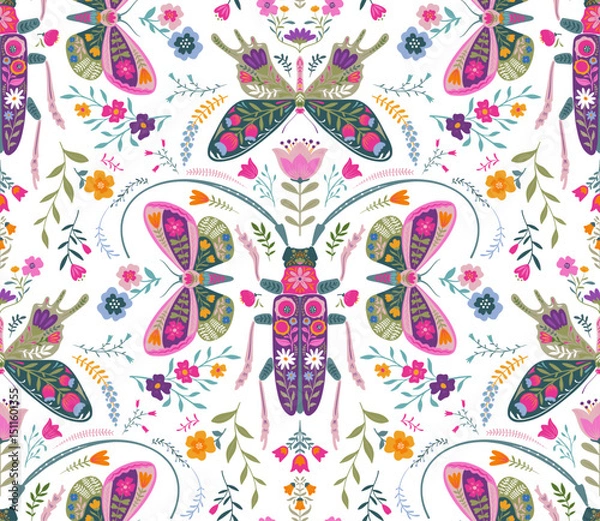Fototapeta Vector seamless pattern with ornate insects, beetles, butterflies. Folk art floral natural endless background.