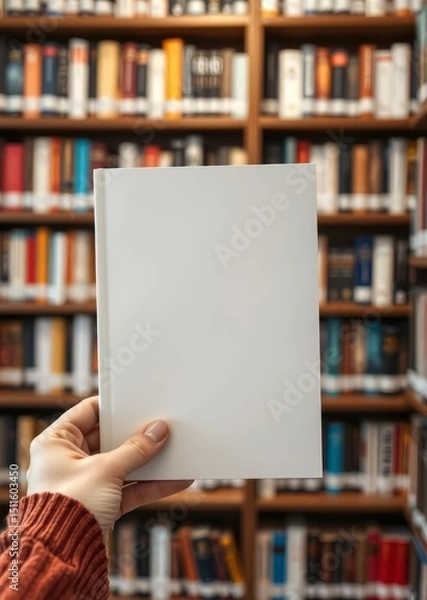 Obraz Female hand holds a book with an empty blank cover, blurred shelves of a bookshop or library background. book mockup. 