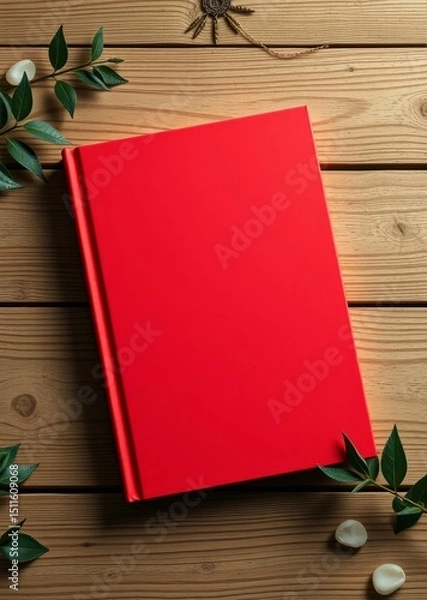Obraz Red book cover mockup and stationary flat lay on a wooden surface, red, book, cover, mockup, stationary, flat lay, wooden. book mockup. 