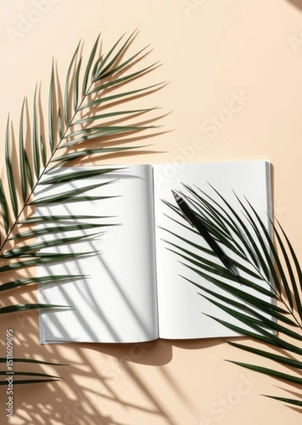 Obraz Open magazine mock up, pen and palm leaf shadows on beige background. copy space. book mockup. 