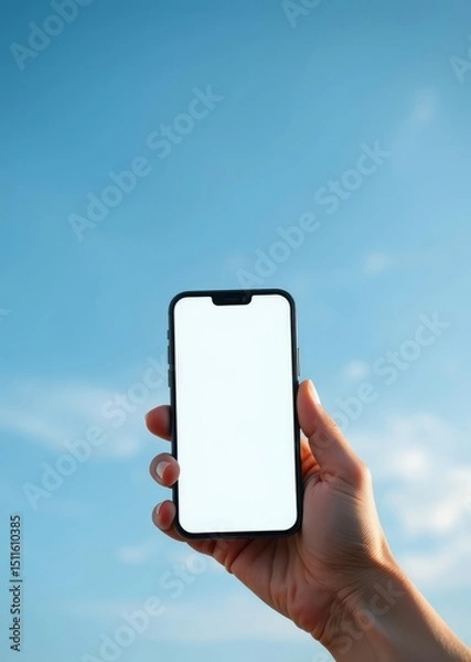 Obraz Blank smartphone with white screen on blue sky, mock up, mockup, for texting. book mockup. 