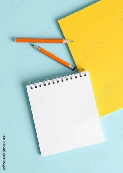 Obraz Spiral notepad with pencil as mockup for your design. note book on pastel blue background. book mockup. 