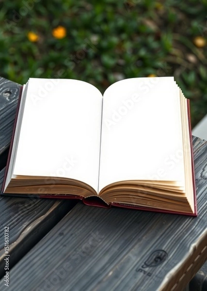 Obraz Detailed close-up of an open book mockup with a blank cover on a wooden bench for publishing presentations. book mockup. 